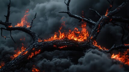 A charred tree branch burns intensely, orange flames contrasting against thick gray smoke.