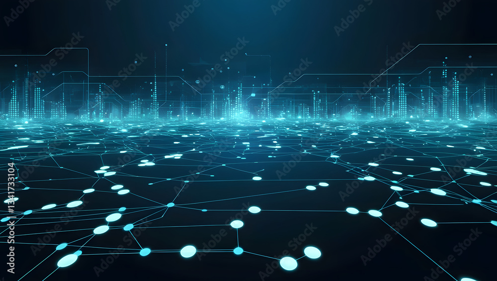 Poster digital data matrix: abstract digital landscape of interconnected nodes and data streams. this image