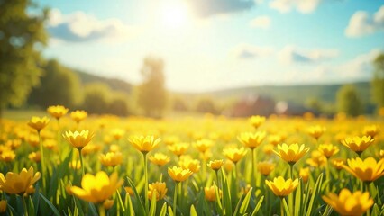 Obraz premium Lush countryside scene with blooming yellow flowers for a cheerful Easter background