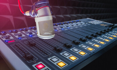 Professional microphone and sound mixer in radio station studio