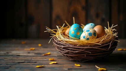 Beautifully composed Easter nest with hand-decorated eggs and golden straw