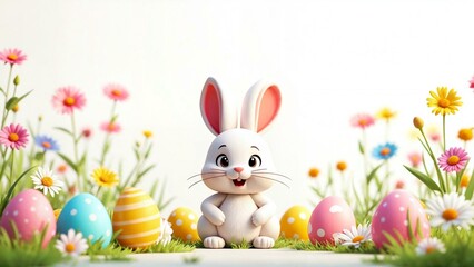 Obraz premium Bright animated Easter scene with cartoon rabbit, decorative eggs, and flowers