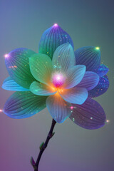 A glowing, ethereal lotus blooms with radiant hues of violet, turquoise, and gold. Its petals shimmer with a cosmic glow, as if infused with stardust, exuding an aura of mysticism and serenity.