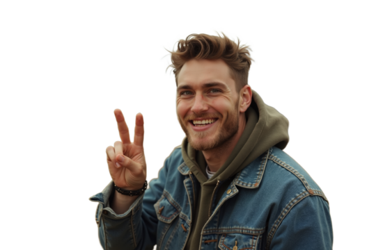 Smiling young man with light skin, stylish haircut, and casual attire shows peace sign outdoors