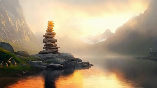 Stacked stones at tranquil lakeside during sunset, symbolizing meditation and balance, copy space