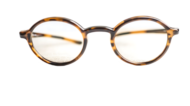 Round tortoise shell eyeglasses rest against white background surface