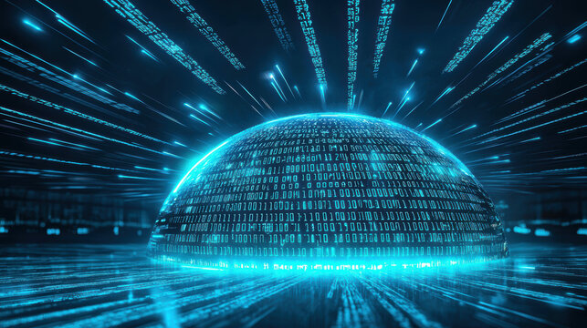 digital dome formed by binary code, symbolizing data protection and security in futuristic environment