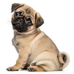 Fototapeta premium A Sweet Pug Puppy Looks Back Over Its Shoulder With Big, Curious Eyes, Showcasing Its Adorable, Wrinkly Face And Fluffy Tail Against A Bright White Background