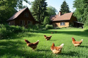 Fototapeta premium Chickens roaming freely in a lush green yard near wooden houses