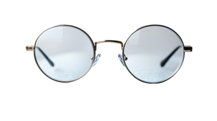 The image shows a pair of stylish round glasses with gold frames and clear lenses against a black background.