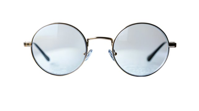 The image shows a pair of stylish round glasses with gold frames and clear lenses against a black background.