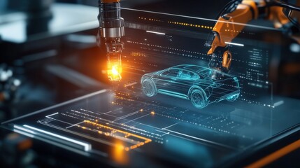 Robotic arm assembling vehicle prototype in high-tech factory interactive display futuristic environment close-up view for advanced engineering