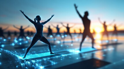 Naklejka premium Fitness enthusiasts engage in dynamic yoga session at sunset outdoor group exercise serene environment inspirational viewpoint