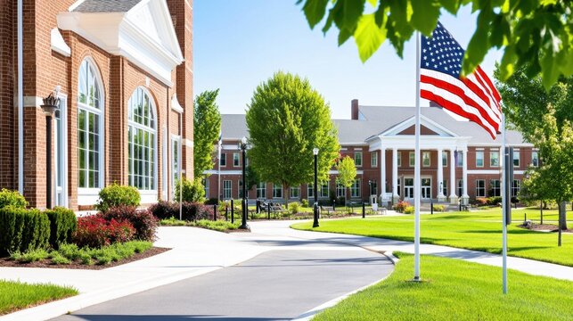 Serene Memorial Day Morning: American Flag Raised at Town Hall