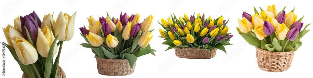 Leinwandbilder generative ai has created an image of a wicker basket filled with purple and yellow tulips, isolated
