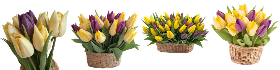 Generative Ai has created an image of a wicker basket filled with purple and yellow tulips, isolated against a transparent background