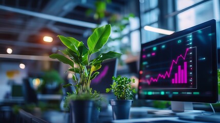 A lush green plant sitting on a desk surrounded by office supplies and work essentials