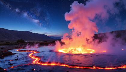 Fototapeta premium Vibrant volcanic hot spring with mystical steam at night, natural beauty