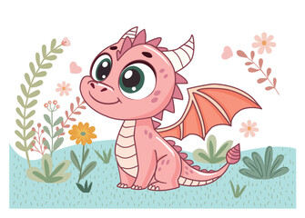 Cute baby dragon with horns and wings