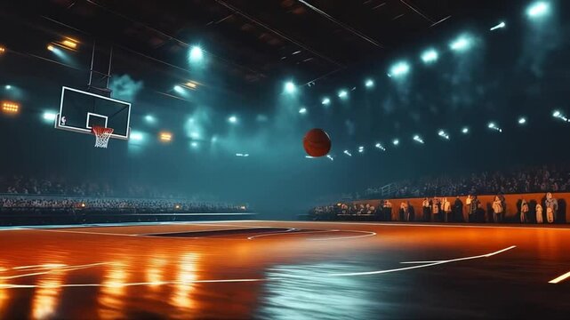 Dynamic basketball in motion on illuminated court at stadium, copy space