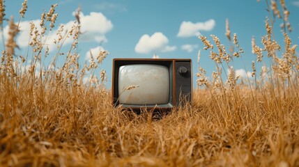 A forgotten retro TV surrounded by tall summer grass, with warm sunlight creating a dreamy scene.