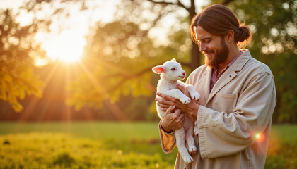 Obraz premium Gentle shepherd holding a small lamb in golden sunlight, Easter symbolism