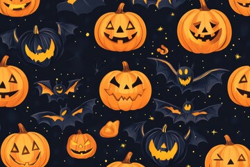 Spooky Halloween Jack-o'-lanterns and Bats