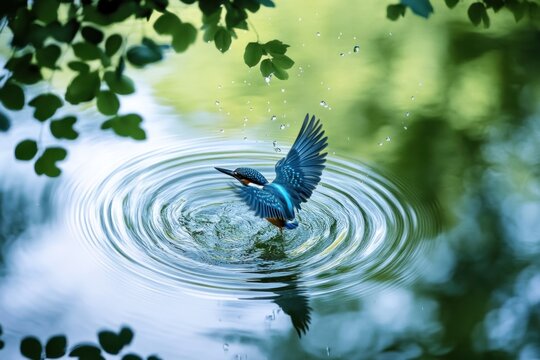 Kingfisher splashes into pond, ripples, foliage background