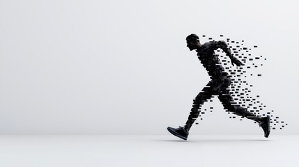 Fototapeta premium A silhouette of a runner dispersing into digital fragments, symbolizing motion and energy.
