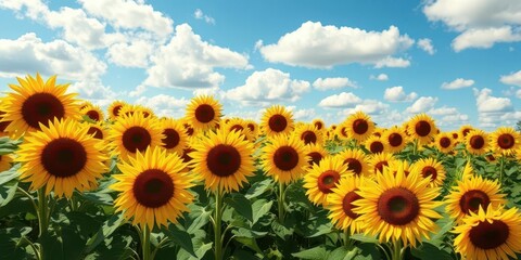 Obraz premium Vast sunflower field under a vibrant blue sky dotted with fluffy white clouds, scenic, rural