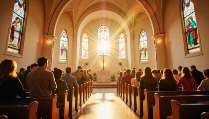 People attending Easter Sunday service in bright church interior, spirituality
