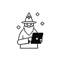 Wizard with Tablet – Magical Tech Fusion, Glowing Eyes, Arcane Symbols, Clipart Icon