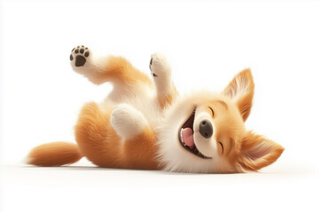 a fluffy puppy rolling on the floor laughing happily