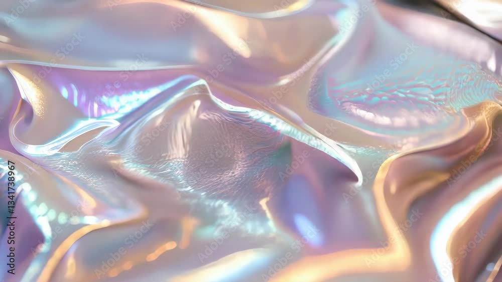 Poster shimmering iridescent fabric with an intricate surface catches light, revealing a spectrum of colors