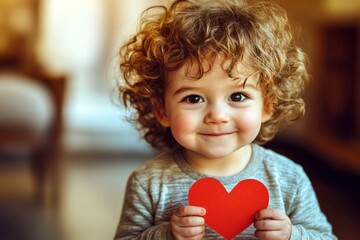 Grin face cute toddler boy with paper heart in hands. Valentine's day greeting and funny gift. Love expression. Red ribbon love. Toddler with red heart. Red heart. Love celebration. Love.