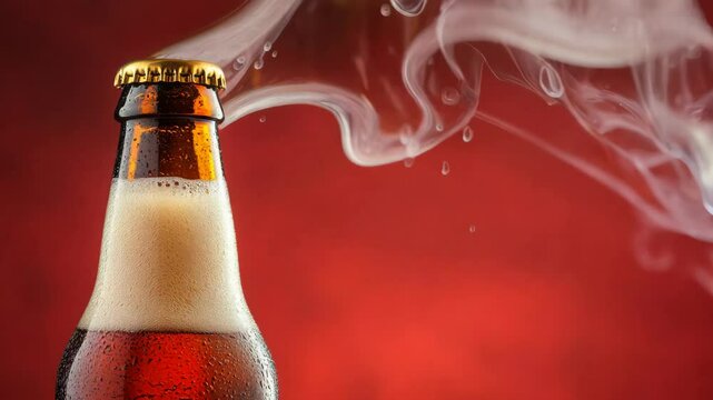 A chilled bottle of soda displays a frothy head as steam rises from the top. The vibrant red background enhances the refreshing look of the beverage