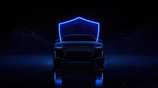 A luxury vehicle under a radiant blue shield hologram, representing safety and security.