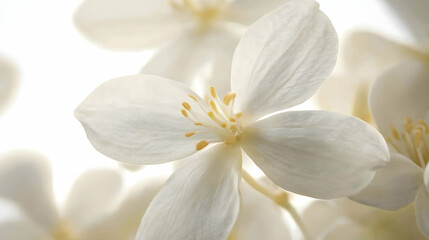 Obraz premium A softly lit white flower with delicate petals and a warm yellow center, captured in an ethereal close-up.