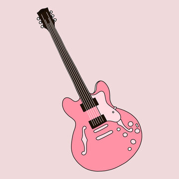 Whimsical Hand‑Drawn Acoustic Guitar in Vibrant Pink on Pastel Background. Minimalist Vector illustration  of Musical String Instrument