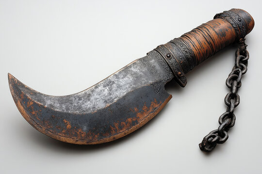 A rusty knife with a chain hanging from it