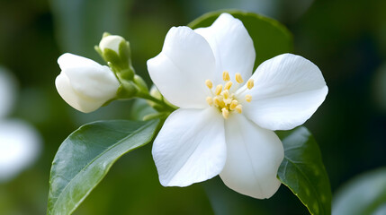 Obraz premium A small white flower with bright yellow stamens, set against a lush green background, capturing nature’s fresh beauty.