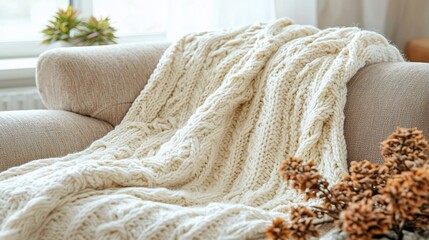 Cozy Cable Knit Throw Blanket on Beige Sofa