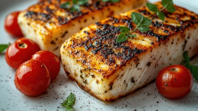 Grilled fish fillets with cherry tomatoes on plate