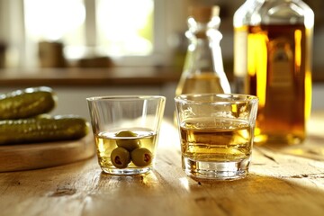Kitchen table with drinks and pickles, alcohol, olives, blurred background