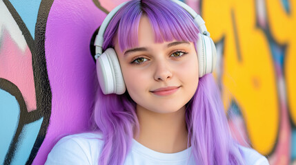 Young woman with purple hair wearing white headphones against colorful graffiti wall with smile. Youth music concept for audio equipment advertising and urban lifestyle campaigns