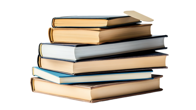 Stack of several hardcover books against a dark background