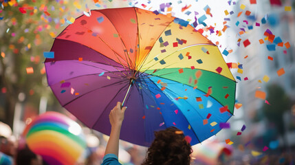 A person holding a large rainbow umbrella at a Pride parade, with colorful confetti falling around them.