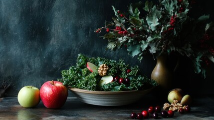 Vibrant Kale and Apple Salad Still Life with Festive Winter Berries