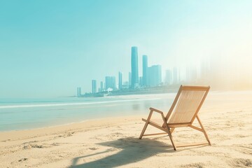 Obraz premium Lounge chair on sandy beach with city skyline in background, bright sunny day