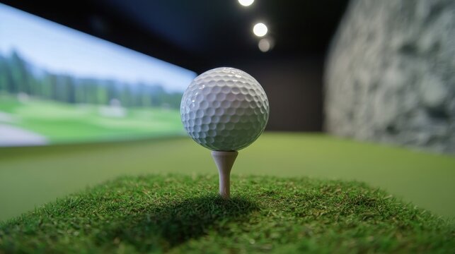 Close-up of golf ball on tee with virtual course backdrop